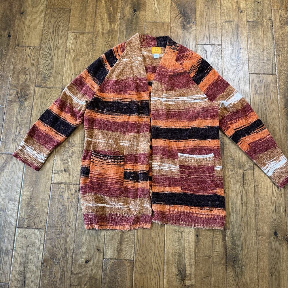 Ruby Rd. Open Front Cardigan Sweater Womens XL Multi Striped Boho Aztec Western